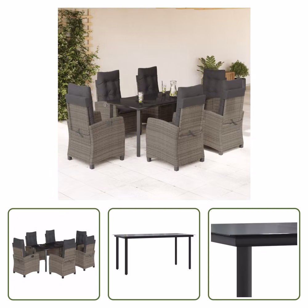 The Living Store Set da pranzo da giardino 7 pezzi con cuscini in poly rattan grigio