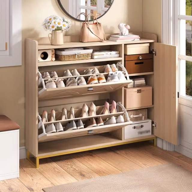 Scarpiera con 4 ante a ribalta e vano laterale chiusura ammortizzata in MDF naturale per ingresso 110 × 24 × 100 cm