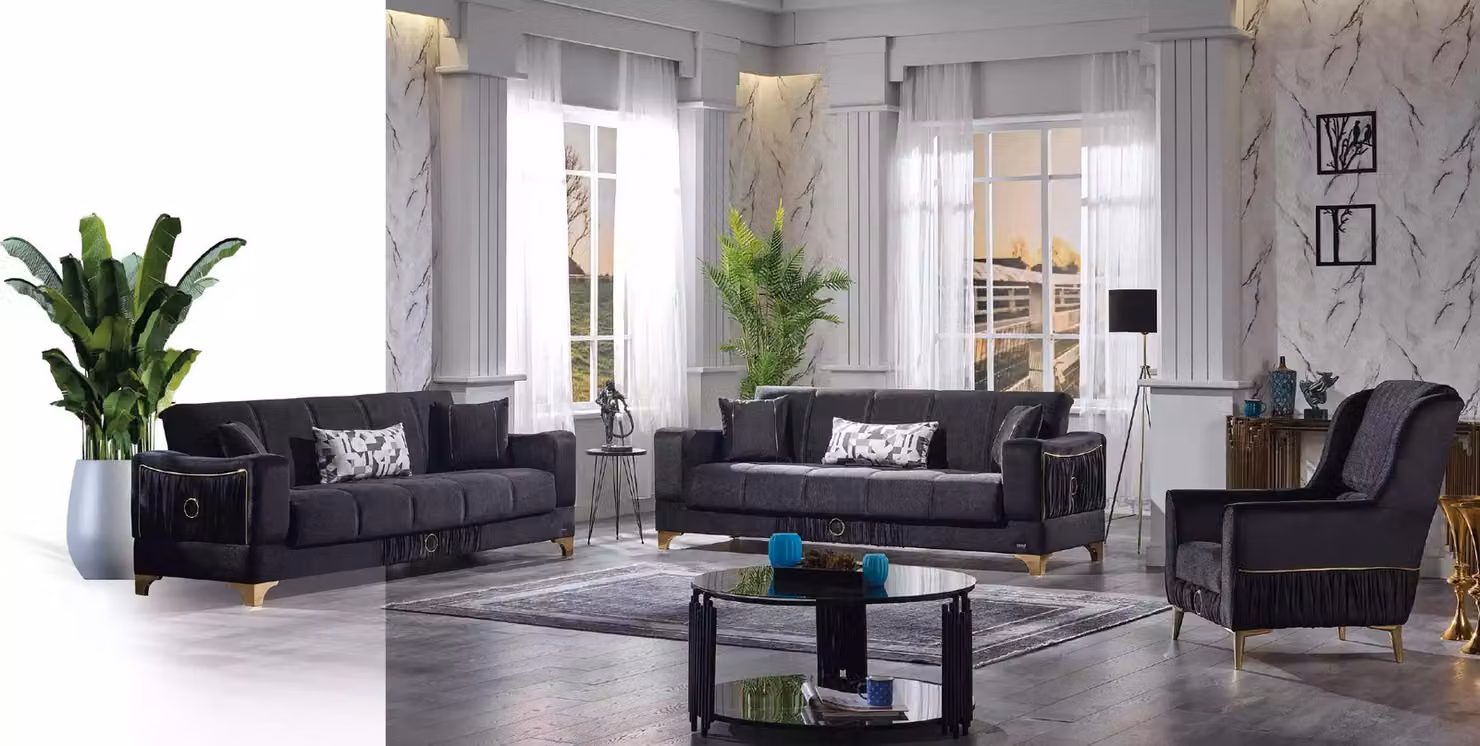 Schwarze Sofagarnitur 3+3+1 Sitzer Couchen Stoff Sitzmöbel Sessel Sofa