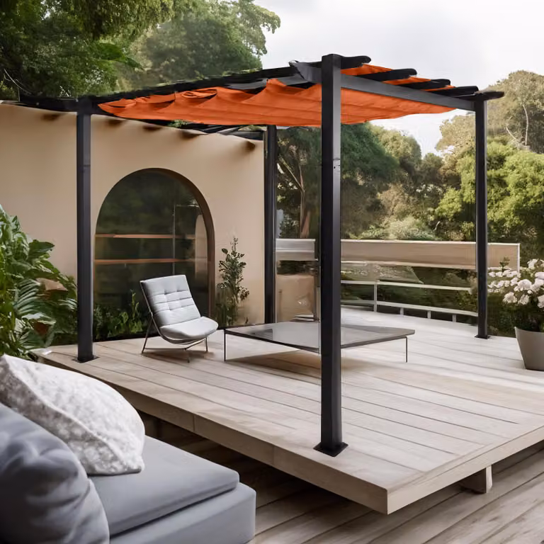 Pergola in alluminio HWC-N93, gazebo da giardino, struttura stabile 8cm tetto scorrevole UV50+ 3x3m ~ terracotta