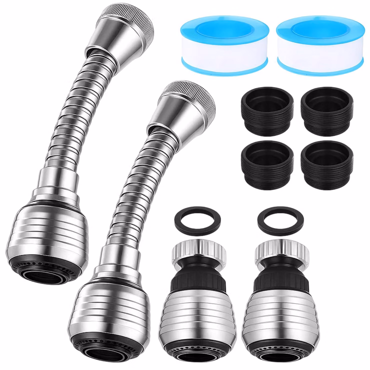 4 prolunghe per rubinetti, complete di 2 strisce impermeabilizzanti, e un aeratore flessibile rotante a 360°