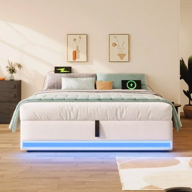 Letto Imbottito REDOM Beige con Illuminazione Sotto il Letto, Porte USB e Type-C, Base a Sollevamento, L/P: 140 x 200 cm