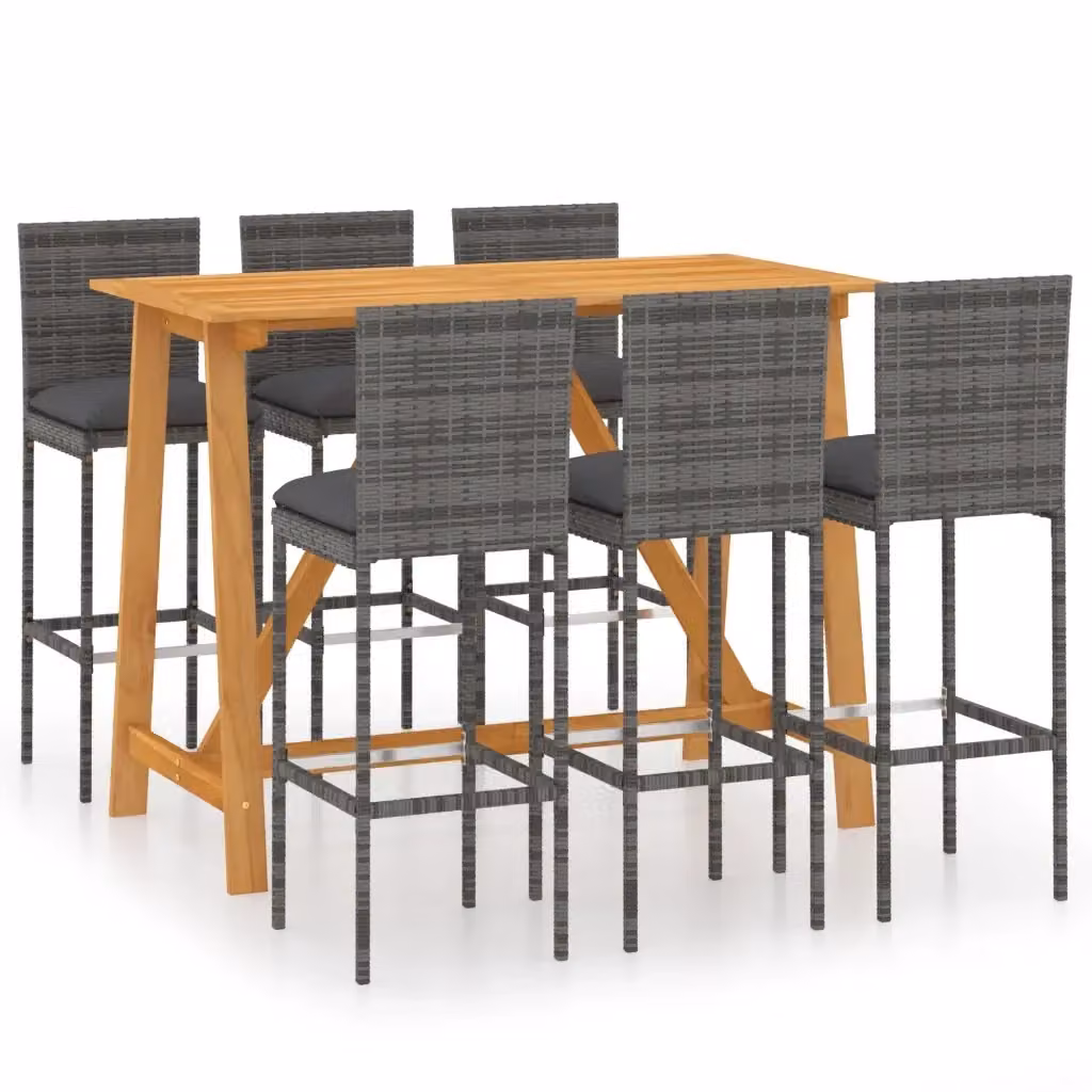 vidaXL Set da Bar da Giardino 7 pz in Polyrattan e Legno di Acacia con Cuscini Grigio Antracite e Marrone – 2