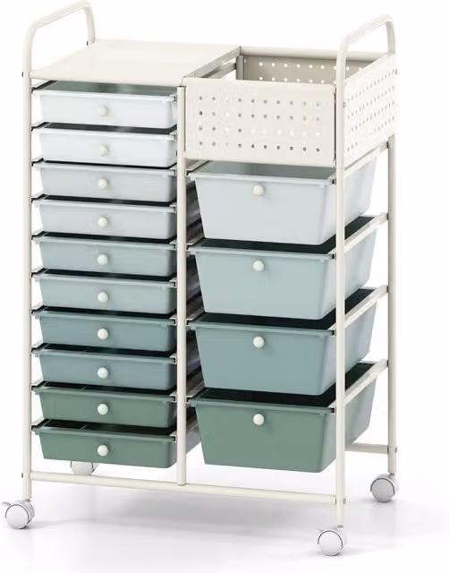 Carrello portaoggetti Design In con 14 cassetti rimovibili, piano in metallo e pannelli forati salvaspazio, Verde – 1