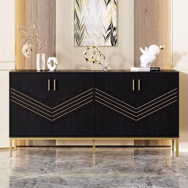 Credenza Moderna con 4 Ante ¨C MINIMAL ¨C Nero/Oro, MDF, Ripiani Regolabili
