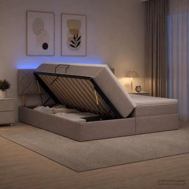 Letto con contenitore e materasso vidaXL in tessuto beige e grigio con illuminazione LED e porte USB L/P/H: 200 x 200 x 44 cm