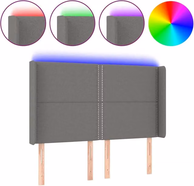 Testata del letto con illuminazione LED e porta di ricarica USB in tessuto grigio scuro L: 147 cm, P: 16 cm, H: 118/128 cm