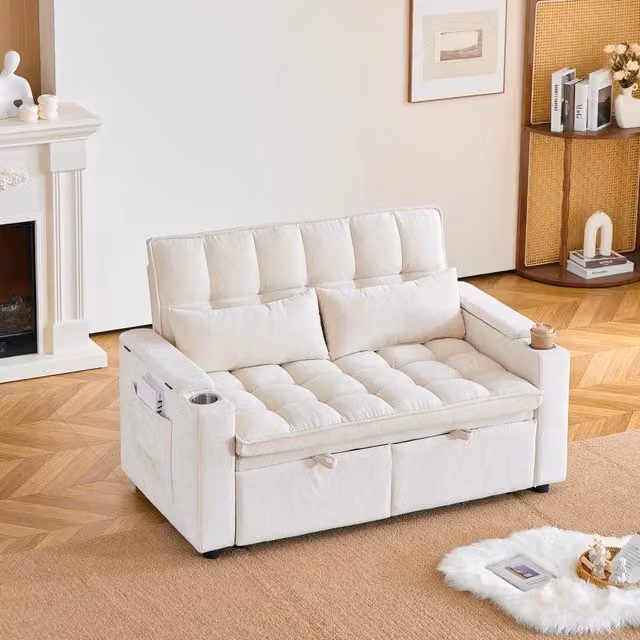 Divano letto 3 in 1 con funzione reclinabile in ciniglia beige