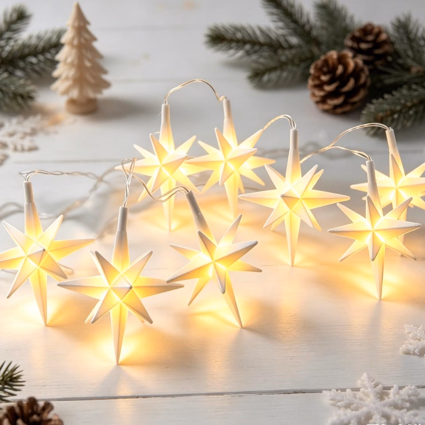 Catena luminosa 3D con stelle, 8 LED, alimentata a batteria, 20 cm