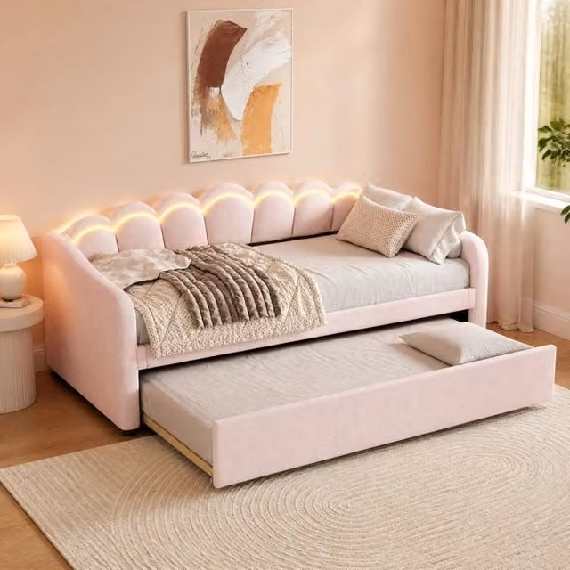 Letto da giorno ULEVR 90x200 cm con letto estraibile 90x190 cm, LED regolabile e rivestimento in velluto rosa