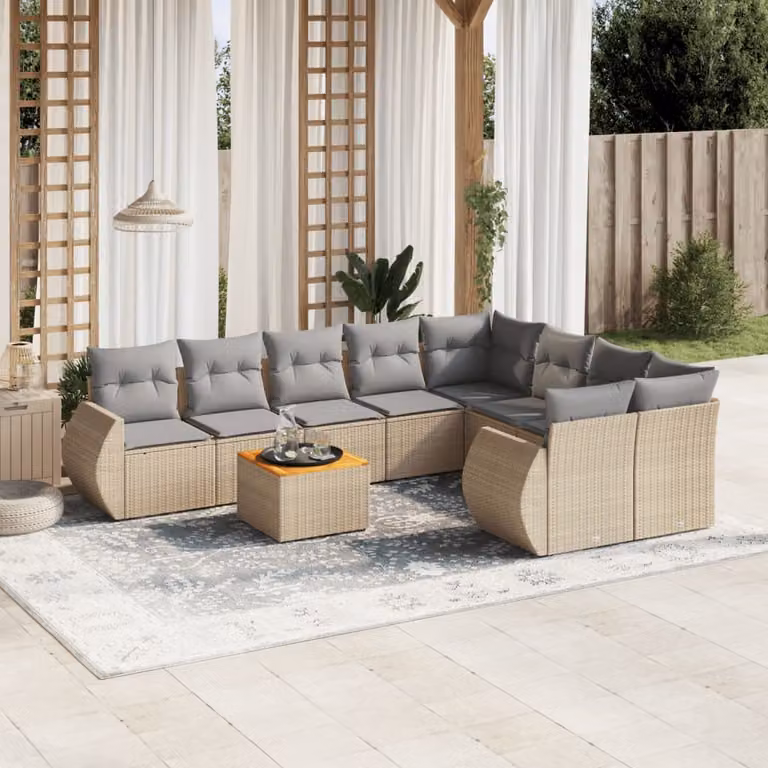 vidaXL Set Divano da Giardino a L 9 pz in Polyrattan con Cuscini Beige e Tavolino da Esterno