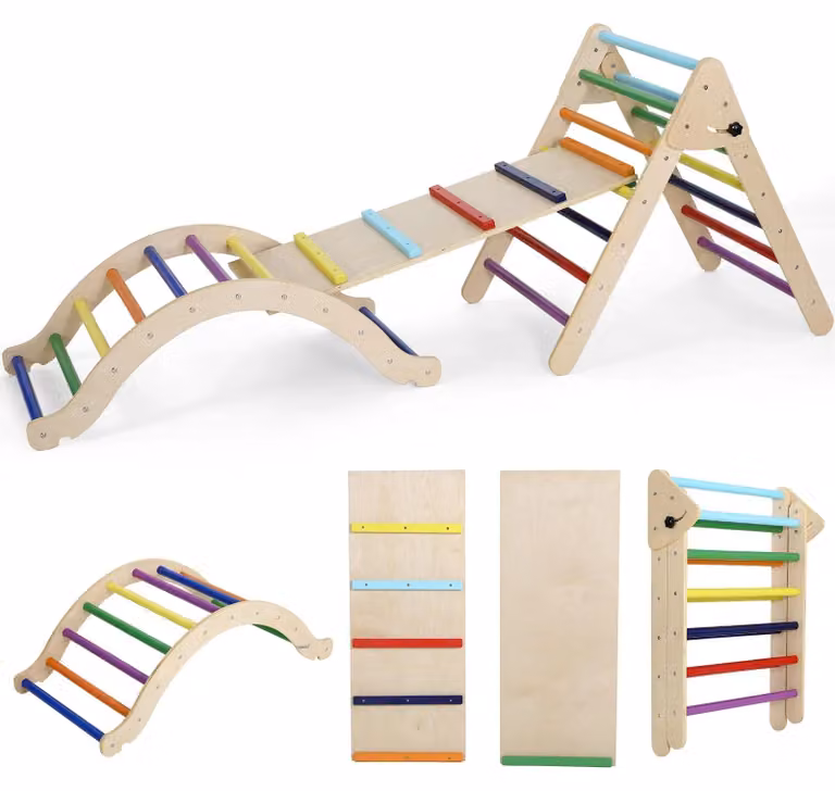 Struttura in legno per arrampicata per bambini - Set Pikler - 3 in 1, pieghevole - Area giochi per interni con scaletta - 180x50x83 cm - Adatta a bambini fino a 60 kg - Multicolore
