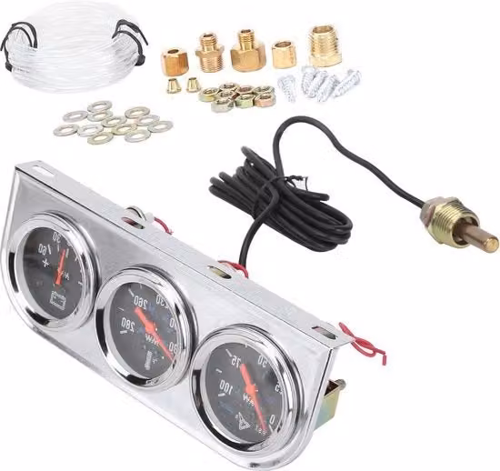 Set di strumenti per veicoli 12V con termometro dell'olio, manometro della pressione e amperometro, Lunghezza: 51 cm, Nero-Rosso-Argento