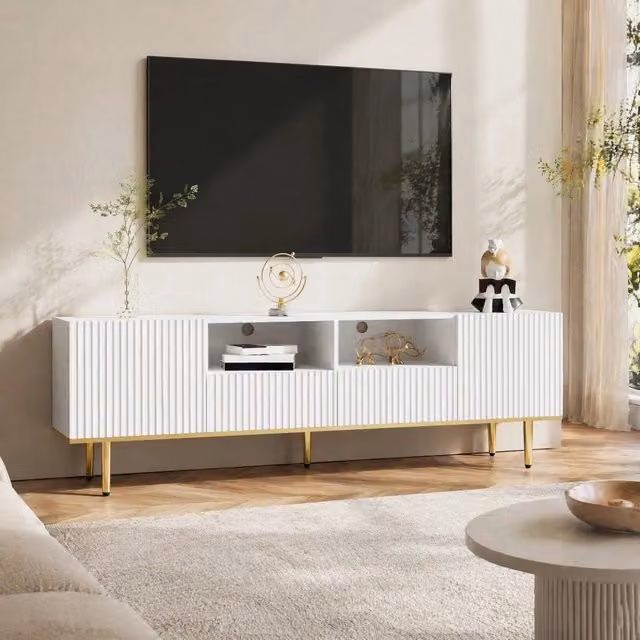 Mobile TV moderno in legno nero con dettagli e piedi dorati, 165x36x55 cm
