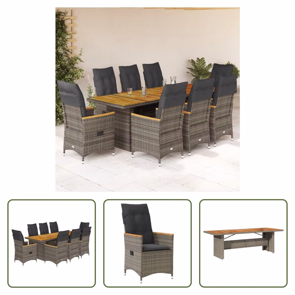 The Living Store Set bistrot da giardino 9 pezzi con cuscini in poly rattan grigio