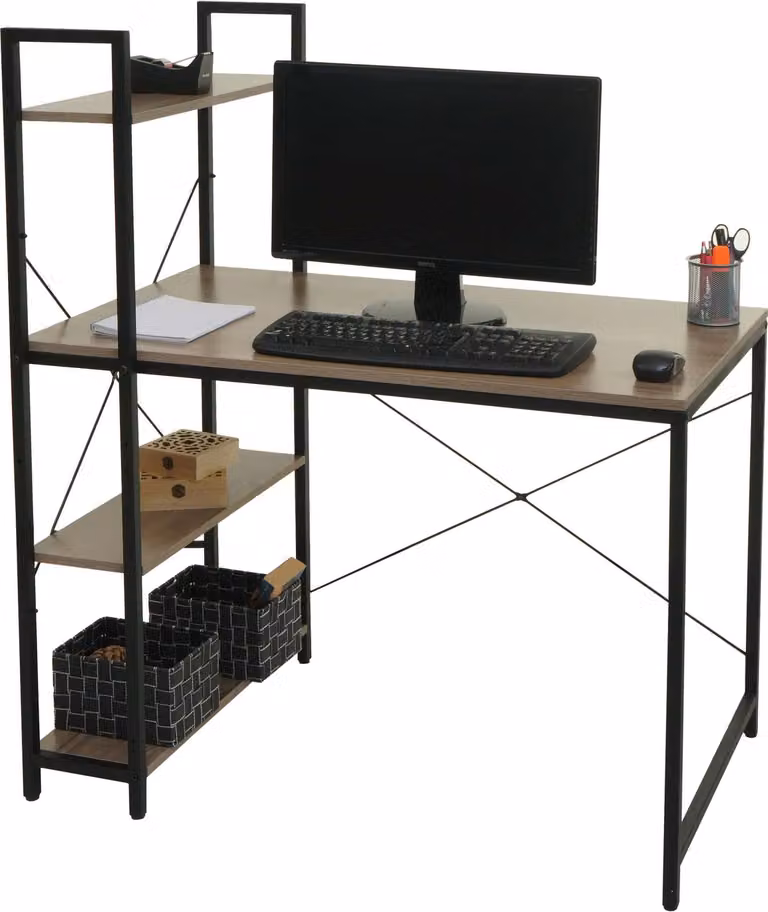 Scrivania con ripiano HWC-K81, tavolo per laptop, tavolo da lavoro per ufficio, 100x60cm metallo MDF ~ grigio-marrone