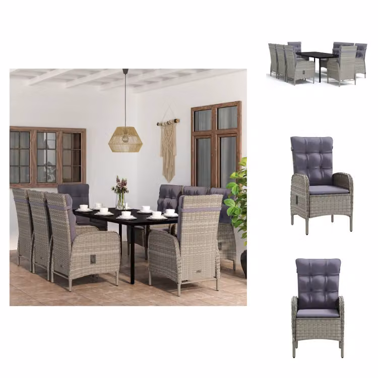 vidaXL Set da pranzo da giardino 9 pezzi con cuscini grigio e nero - Set di mobili da giardino