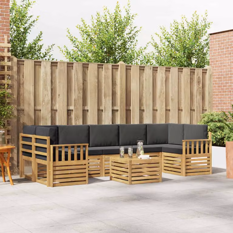 Set di divani da esterno vidaXL a forma di L con tavolino da caffè, 8 pezzi, in legno di acacia e tessuto resistente ai raggi UV, Bianco e Antracite