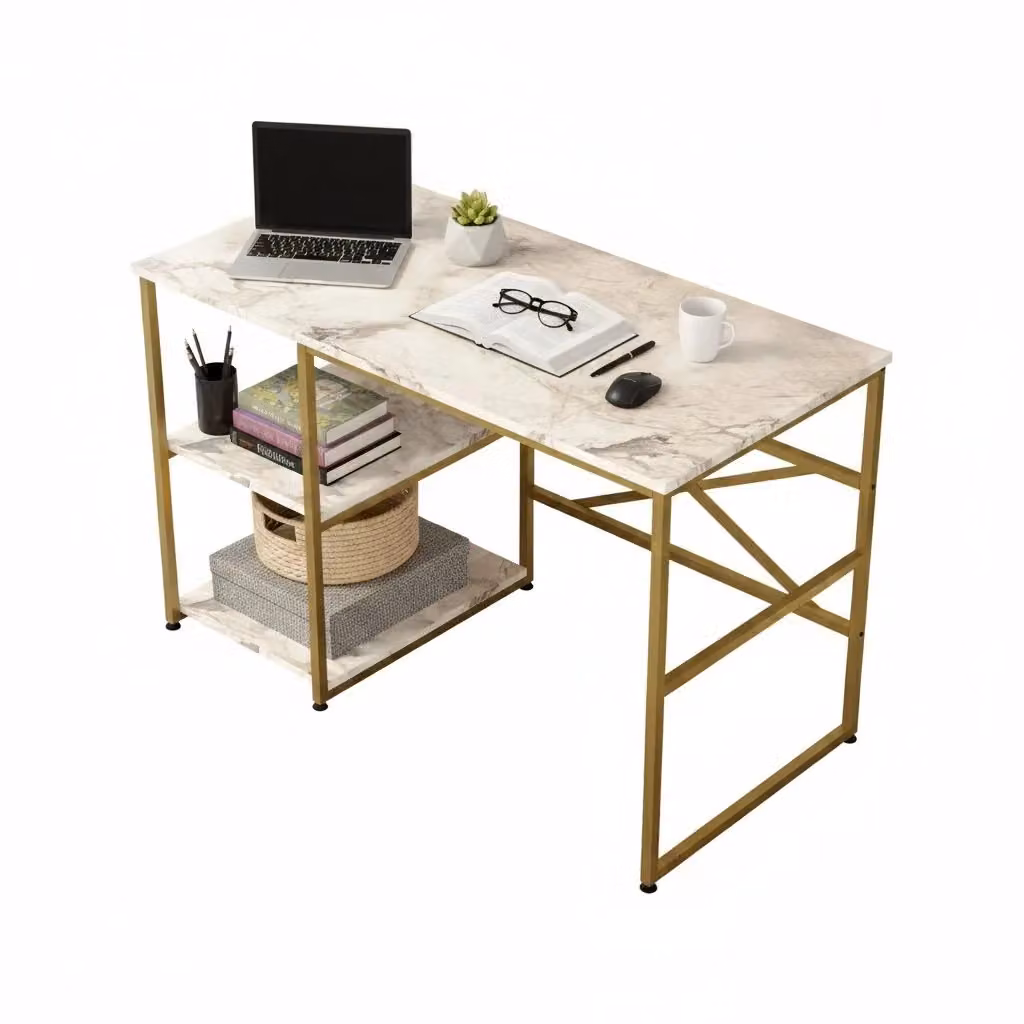 Scrivania moderna DMORA Scorpius con 2 ripiani, bianco e oro, L 120 x P 60 x H 75 cm – 2
