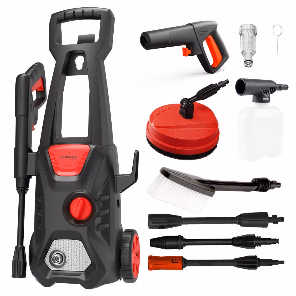 LEHMANN Jukon idropulitrice 1600 W, 200 bar, tubo flessibile ad alta pressione, pompa dell'acqua, spruzzatore di schiuma, lavaggio senza contatto, ugello rotante turbo