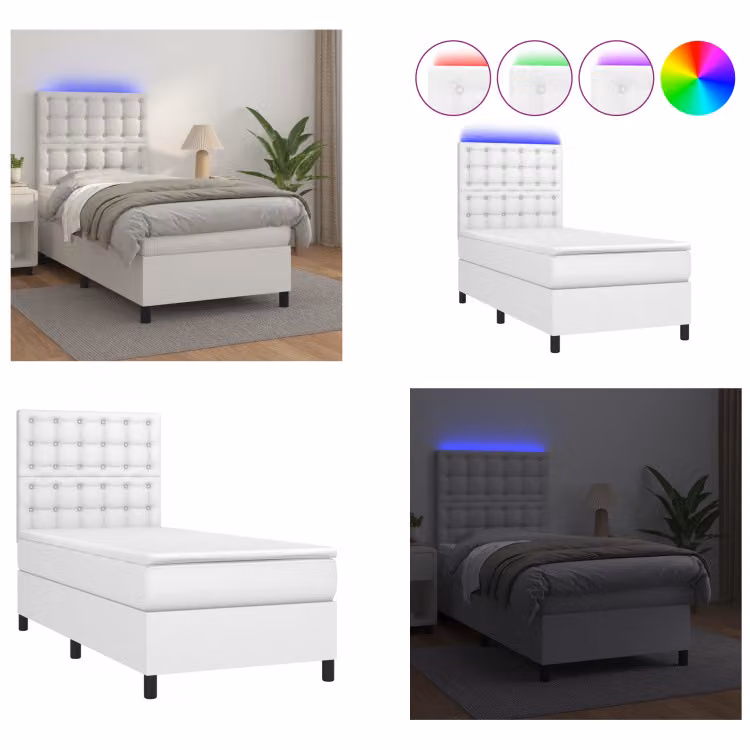 vidaXL Letto a molle con materasso e LED bianco 100x200 cm in Pelle finta - Letto a molle - Boxspringbetten - Bett - Betten