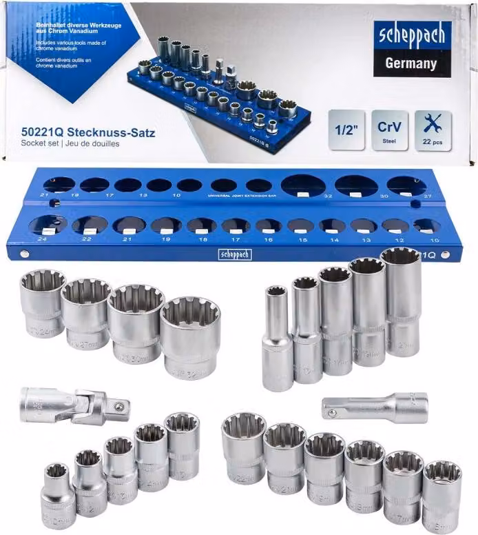 Set di chiavi a bussola 10-32 a 12 facce + organizzatore lungo 1/2 da 22 pezzi