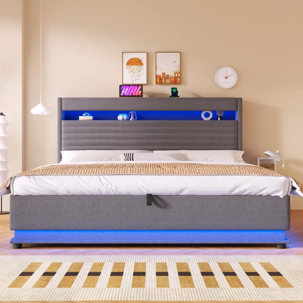 Letto matrimoniale contenitore moderno in tessuto grigio con illuminazione LED, porta USB Type-C e vano idraulico, L/P: 180 x 200 cm – 2