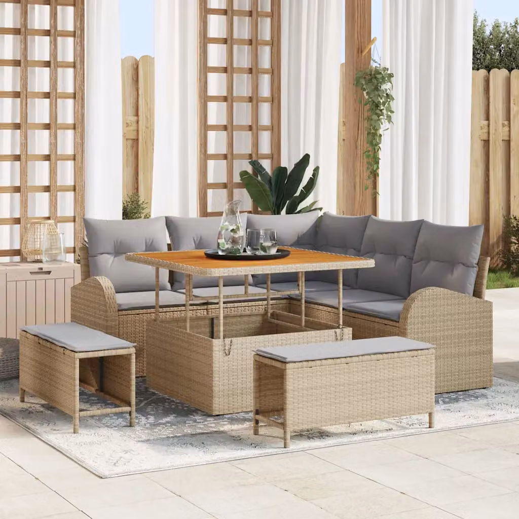 Set Divano da Giardino vidaXL 8 Pezzi in Polyrattan Beige con Cuscini e Tavolino da Moderno Design a L
