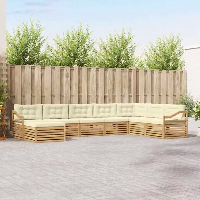 Set di divani da esterno a L con 8 pezzi vidaXL in legno di acacia bianco e beige con cuscini inclusi