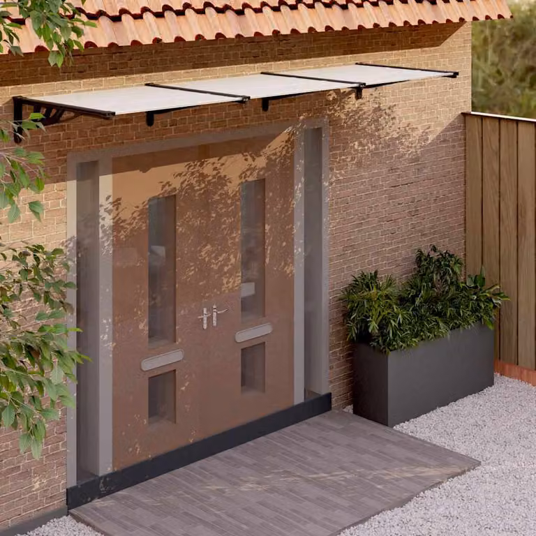 Tettoia per porta vidaXL in policarbonato e alluminio, Nero e Trasparente, L: 297,5 cm, P: 90 cm
