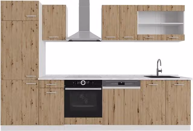 Cucina componibile moderna Vicco R-Line in rovere e bianco, larghezza: 300 cm, senza piano di lavoro