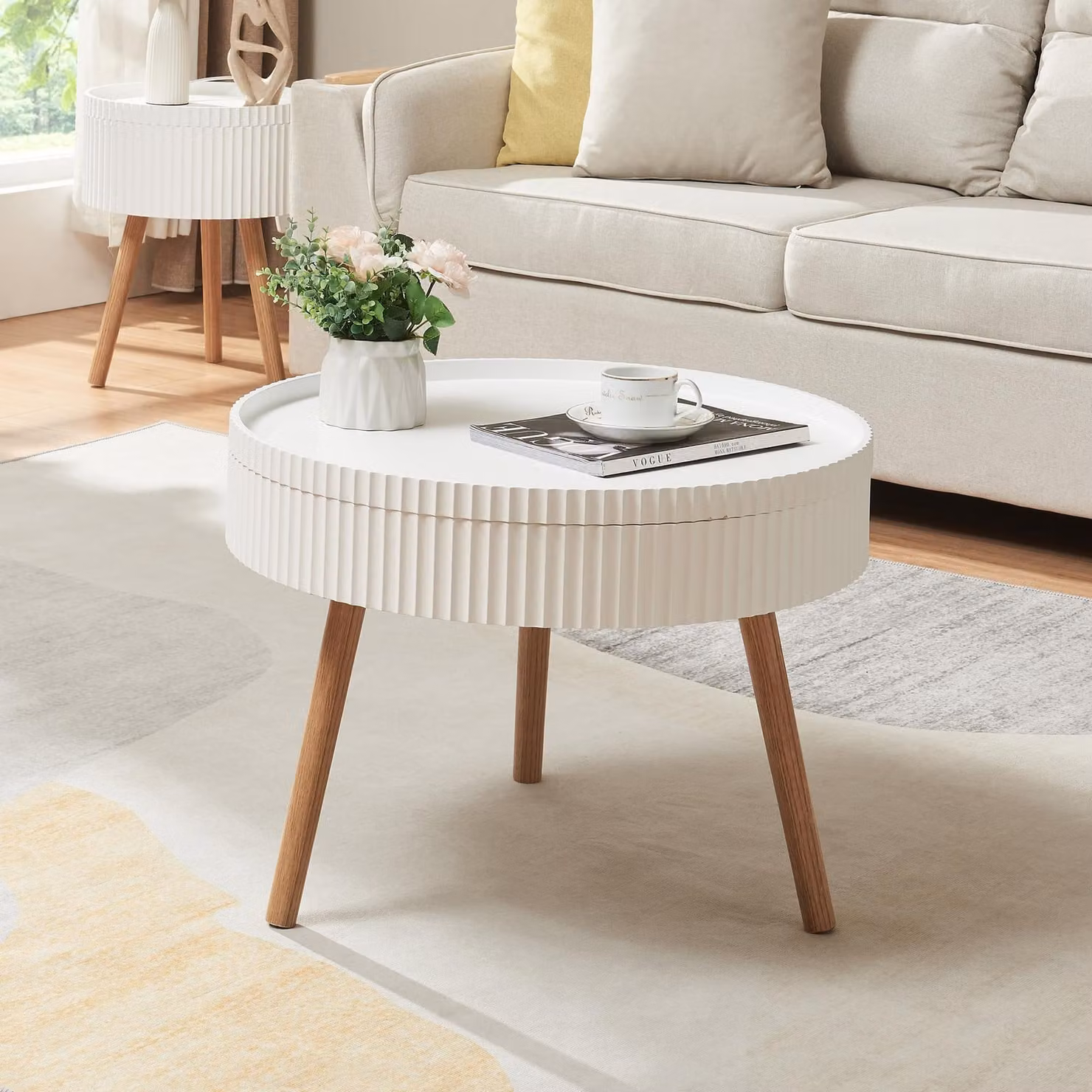 Tavolino 'Bongard' con piano estraibile Ø60 x 45 cm Tavolo da soggiorno in look scanalato rotondo bianco