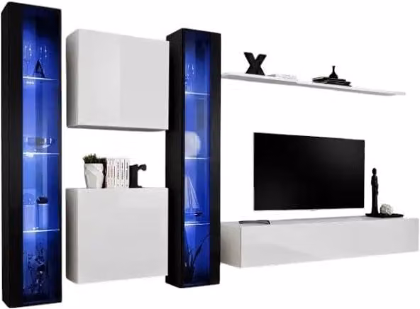 Composizione murale SWITCH XVI Meublorama per soggiorno con mobile TV, vetrine LED e scaffali, finitura bianco e nero lucido, L: 330 cm, H: 180 cm, P: 40 cm – 1