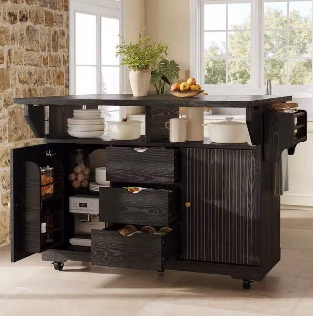 Carrello da cucina con piani ribaltabili 142;5x80x95 cm; MDF e metallo nero