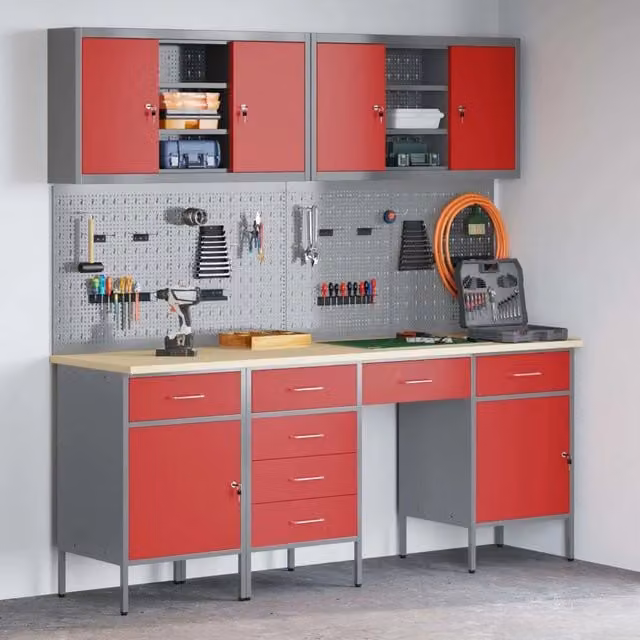 Mobile da lavoro vidaXL in acciaio e legno ingegnerizzato rosso con 10 pezzi e chiusura di sicurezza
