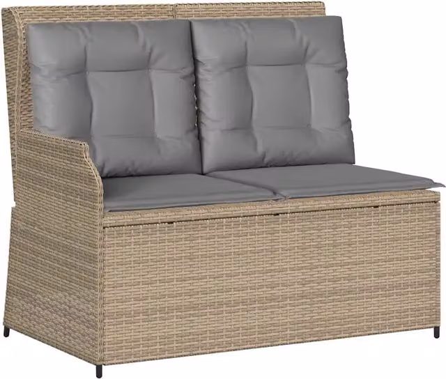 Panchina da Giardino Reclinabile in Polyrattan e Metallo con Cuscini in Tessuto Beige e Grigio