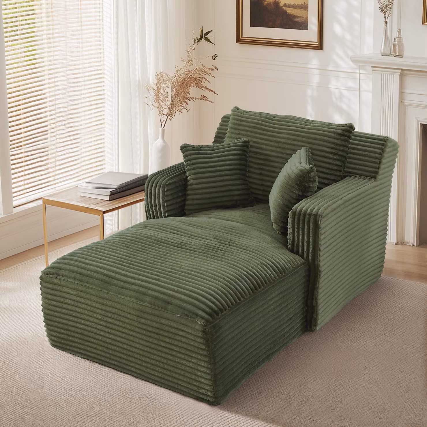 MODFU: divano chaise longue, poltrona relax in velluto a coste, poltrona lounge, poltrona poster con molle insacchettate e schiuma, verde