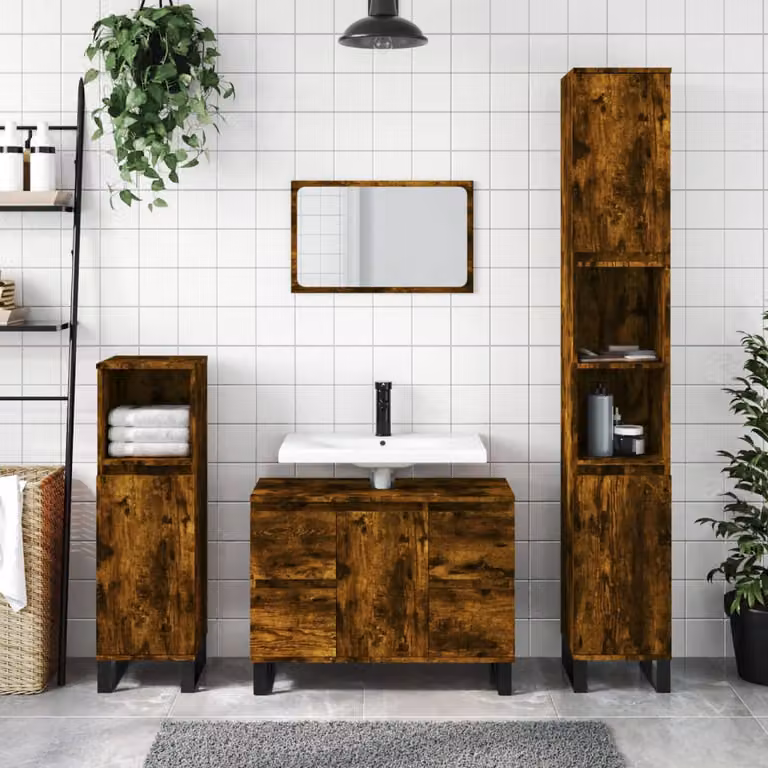 Armadietto da bagno vidaXL in legno rovere fumo con ante a battente e ripiani interni, L 30 cm x P 30 cm x H 100 cm
