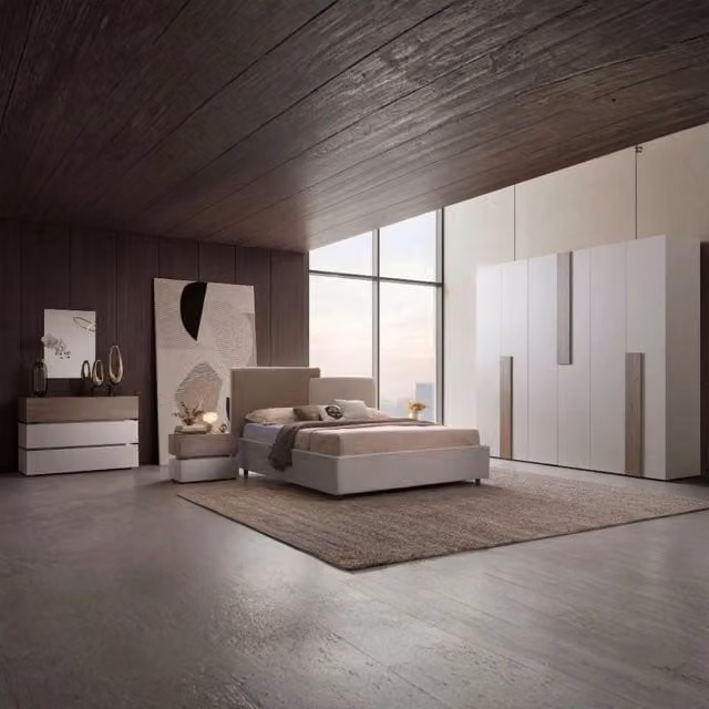 Completa la tua camera da letto con il set Malena moderno composto da letto contenitore con base a sollevamento e armadio a 6 ante, disponibile in colore grigio chiaro e finitura Vanguard con struttura imbottita in tessuto.