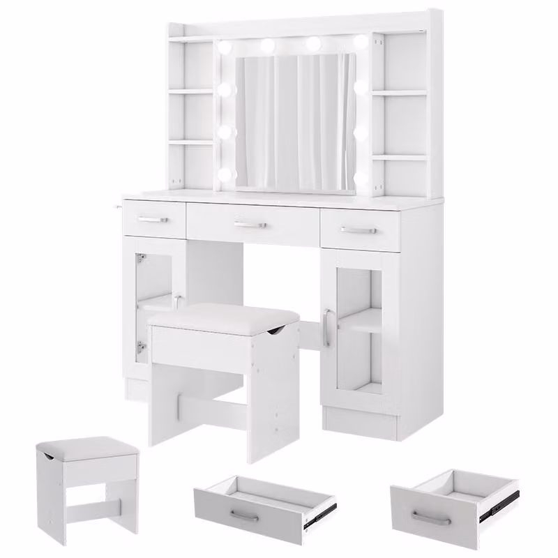 ZELURXX Tavolino da trucco bianco 110×40×145 cm con specchio a LED, 10 luci, 3 tonalità di luce, 2 vetrine trasparenti e 3 cassetti, tavolino da trucco in stile hollywoodiano