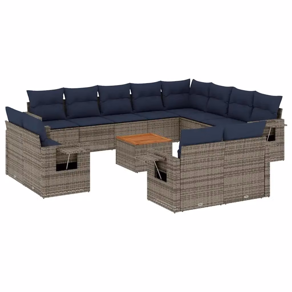 Set di Divani da Giardino vidaXL in Polyrattan con Cuscini e Tavolino da Esterno, Forma a U, Grigio e Blu – 2