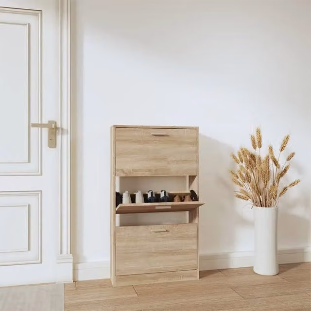 Scarpiera a parete Design Mania marrone con scomparti basculanti e cassetti, L: 59 cm, P: 17 cm, H: 108 cm
