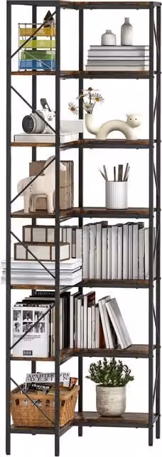 Libreria angolare industriale Minimal a 7 livelli in metallo e MDF, colore marrone, L/P/H: 60 x 60 x 198 cm – 1