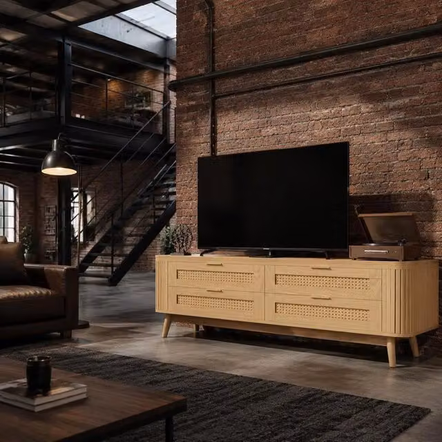 Mobile TV 180x40x50 cm, moderno centro intrattenimento, consolle portamedia con 2 ante in vetro curvo e 4 cassetti intrecciati, gambe in legno massello, armadietto contenitore per soggiorno, naturale, robusto e di tendenza