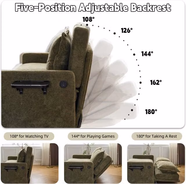 Divano Letto Pieghevole 3 in 1 in Ciniglia Verde con Schienale Regolabile a 5 Posizioni Presa USB Cuscini e Vano Contenitore