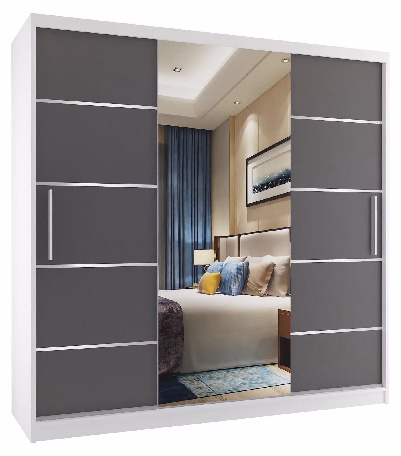 BELINI Verona, armadio scorrevole da 200 cm, bianco/grigio opaco - armadio con specchio e 4 cassetti, ideale per la camera da letto