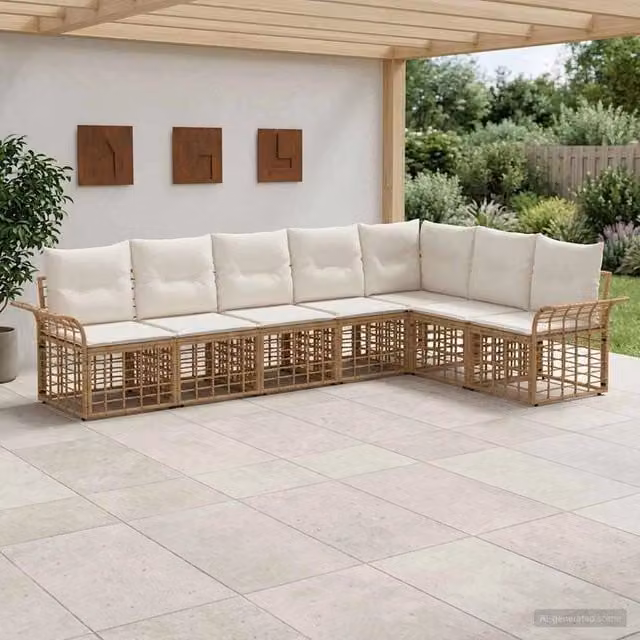 Set di divani da esterno 7 pz Naturale e Bianco Crema 3437696