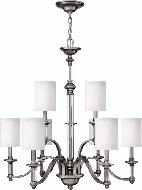 Lampadario Classico Sussex Hinkley in Acciaio Nichelato Argento e Tessuto Bianco con 9 Luci E14