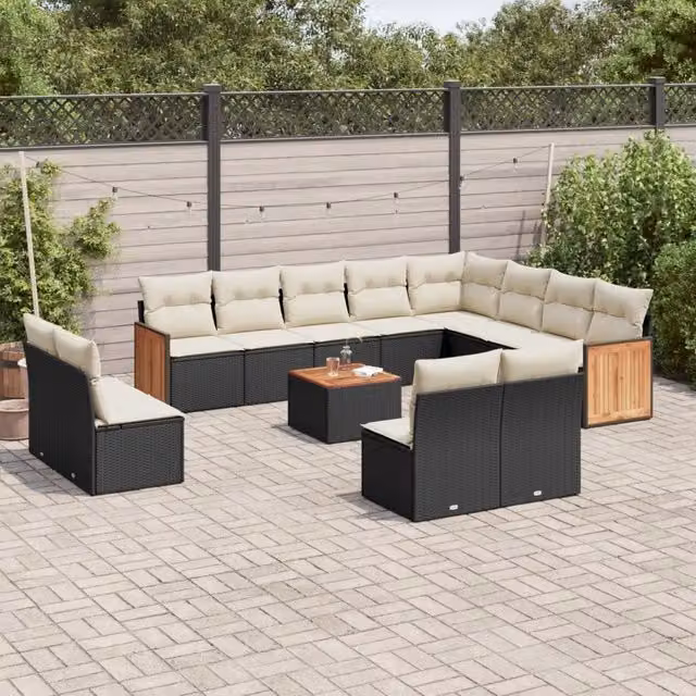 Set di Divani da Giardino a Forma di U vidaXL in Polyrattan Nero con Cuscini e Tavolino da Esterno