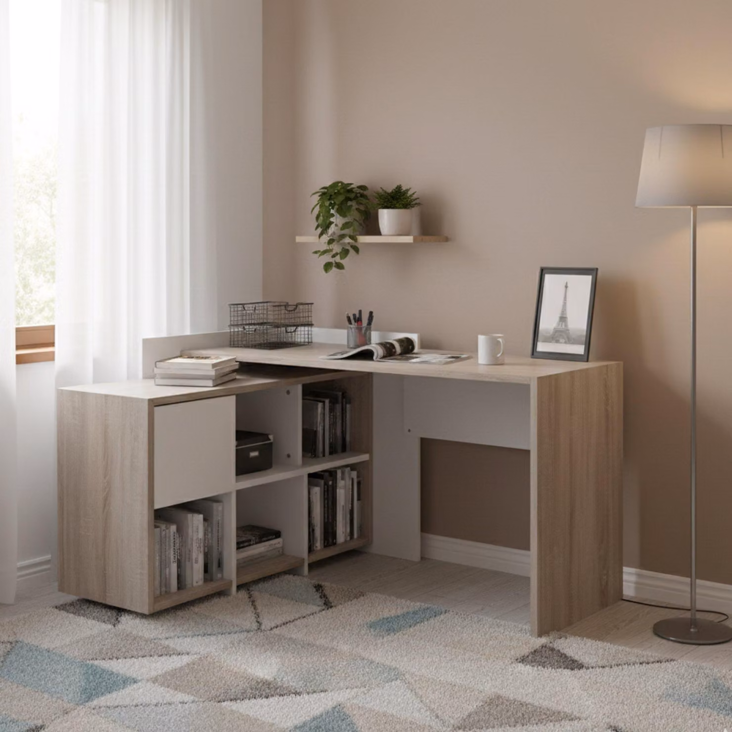 Dmora Scrivania Canaro 140x120x80.4h cm Marrone Quercia, Angolare 3 Ripiani